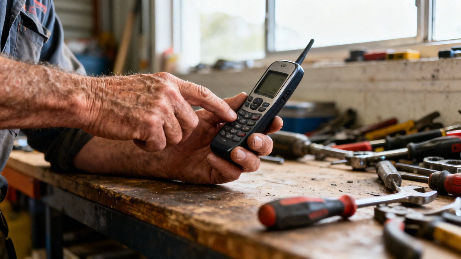 Tradesperson's hands holding a ringing phone over a workbench with tools