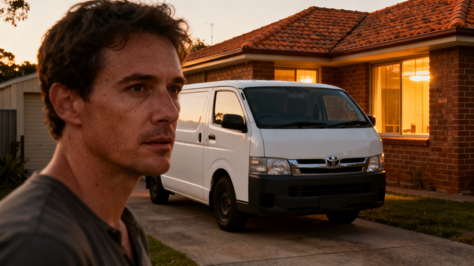Australian suburban home at dusk with a work van in the driveway