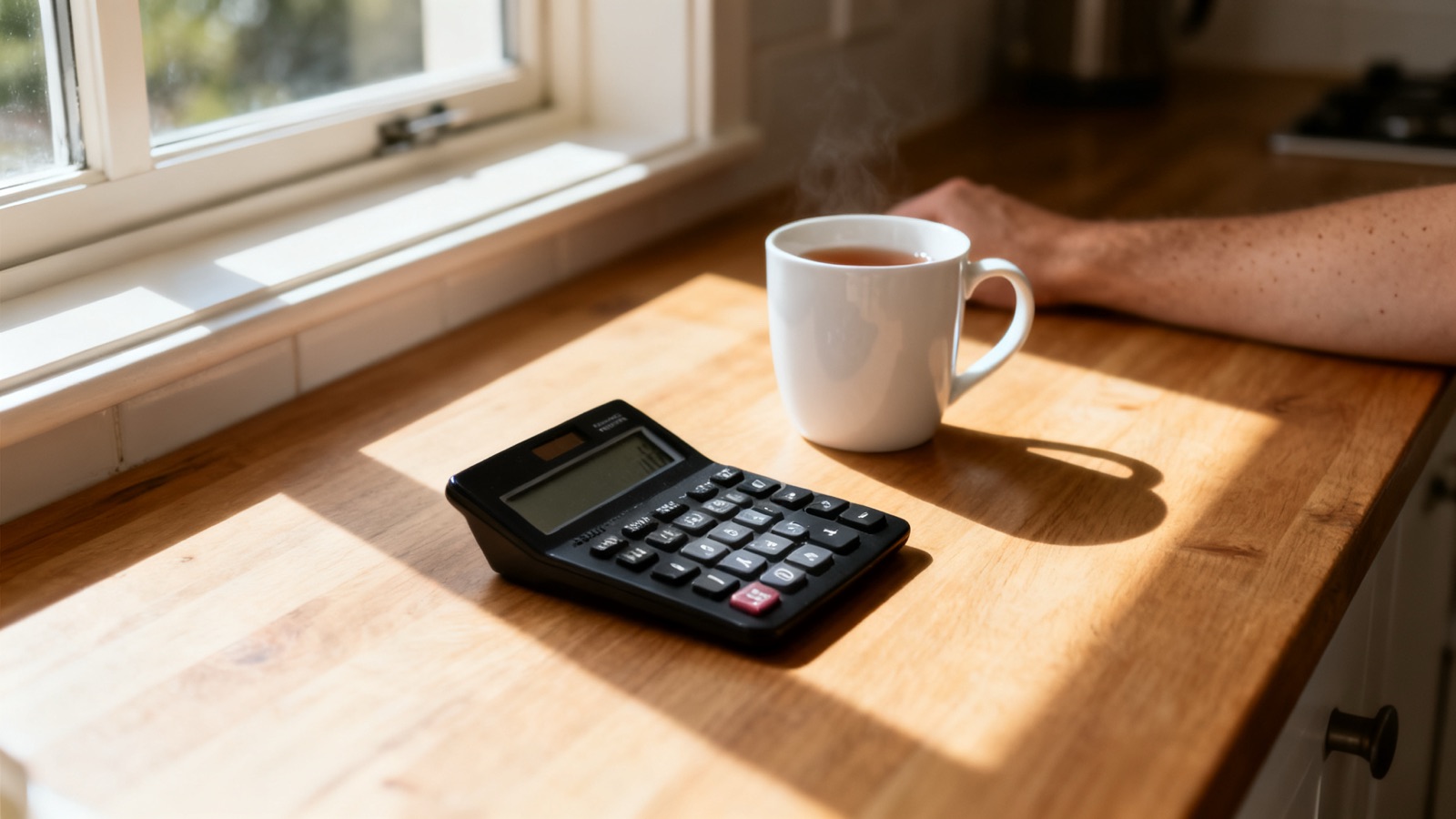 Calculator and mug of tea on a kitchen table in morning light