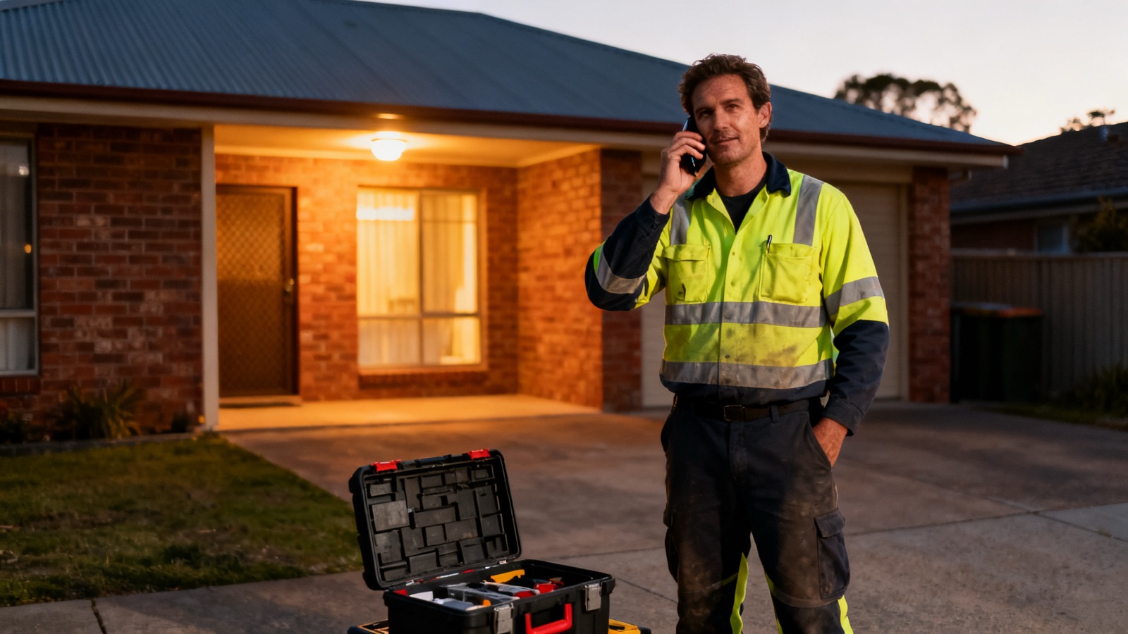 Australian tradesperson in hi-vis standing on a driveway at dusk, phone to ear, with an open toolbox beside a brick house with a Colorbond roof