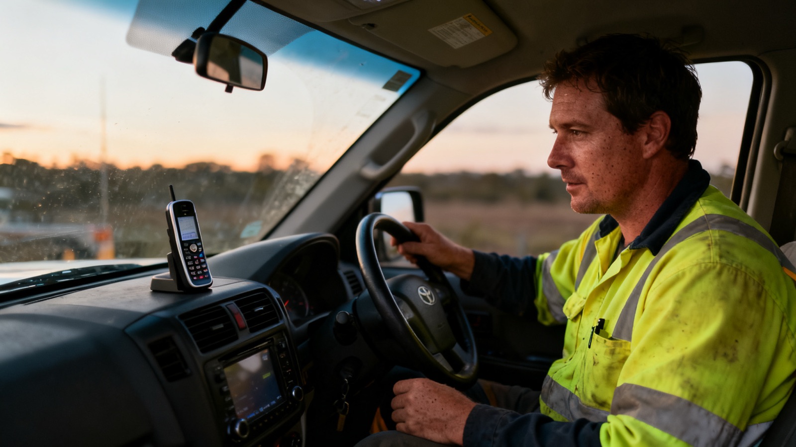 A tradesperson in hi-vis in a work ute looking at a ringing phone at dusk