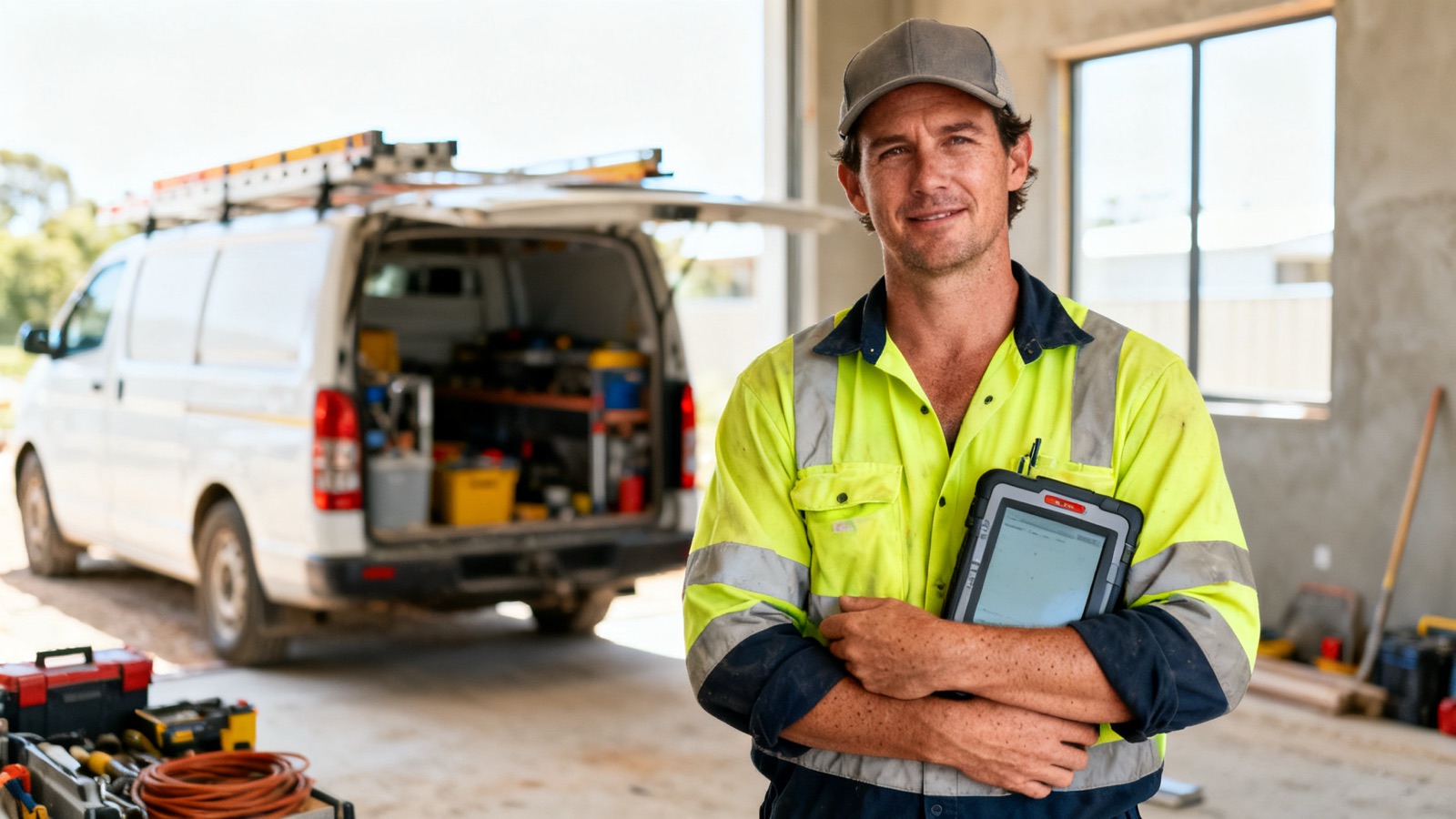 A tradesperson in hi-vis checking bookings on a smartphone on a job site