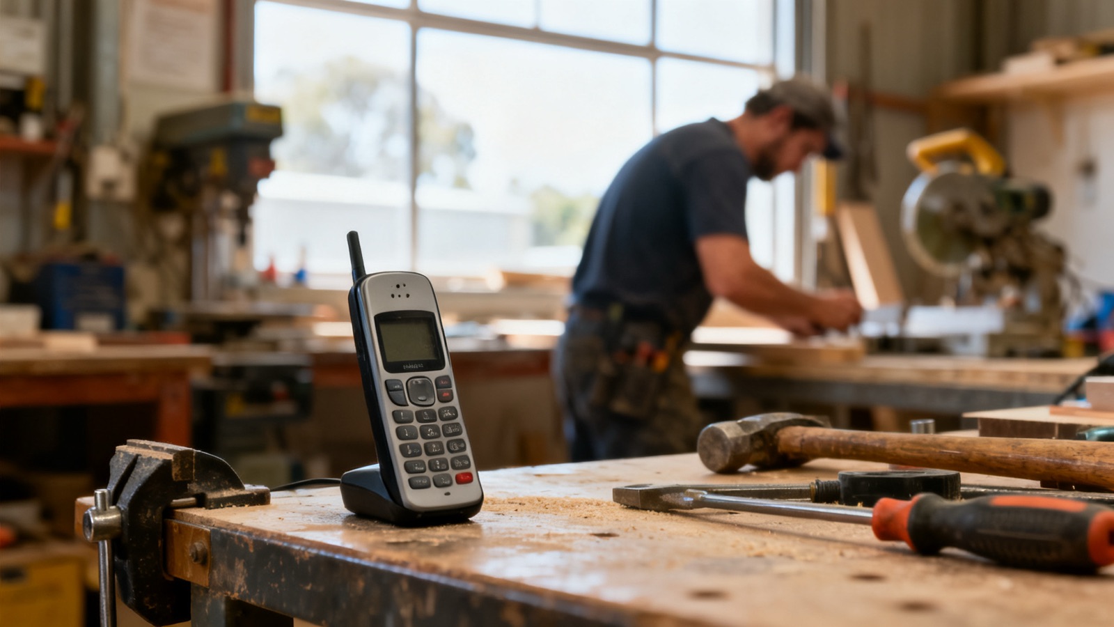 A phone ringing unanswered on a workbench in a trade workshop