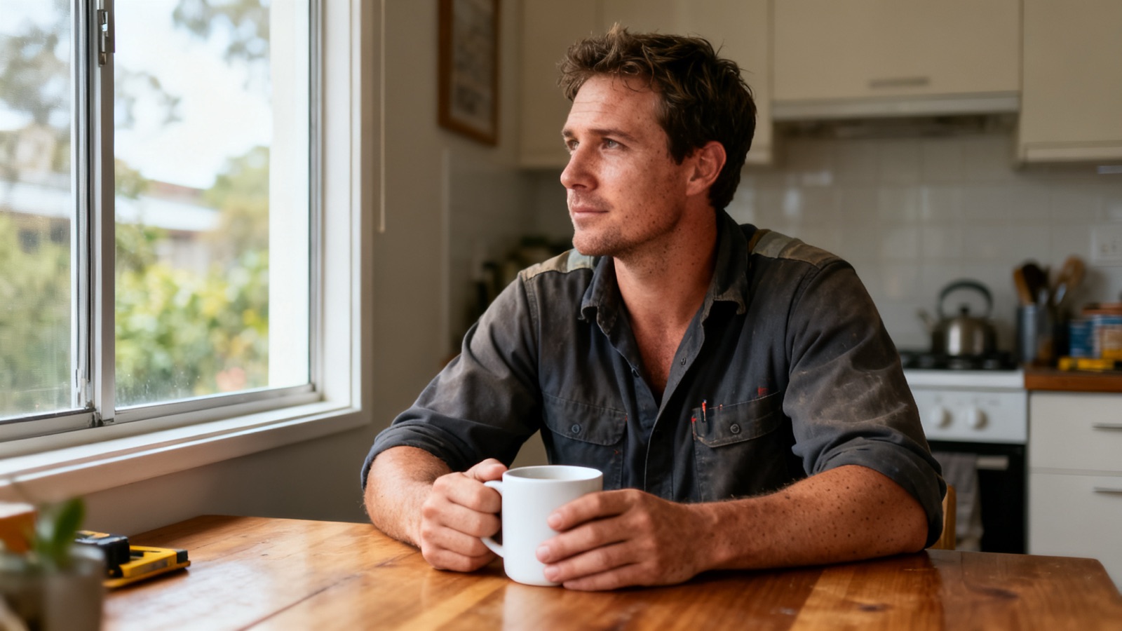 An Australian tradesperson sitting at a kitchen table with a coffee mug, looking out the window in morning light