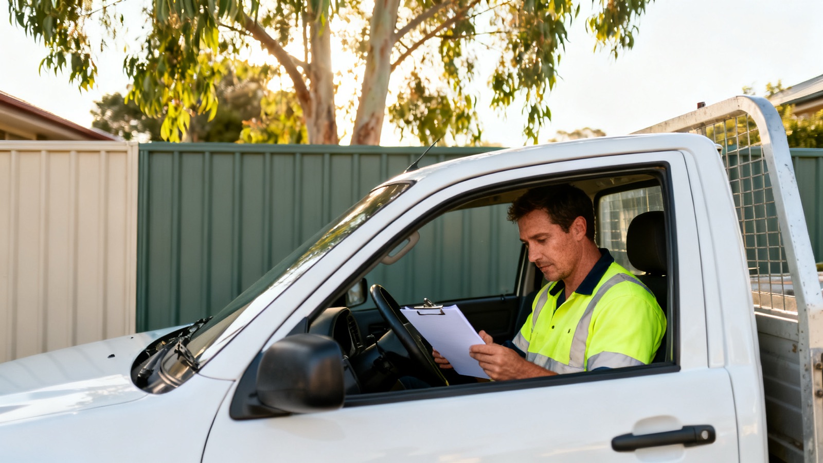 A tradesperson reviewing paperwork in a work ute in an Australian driveway