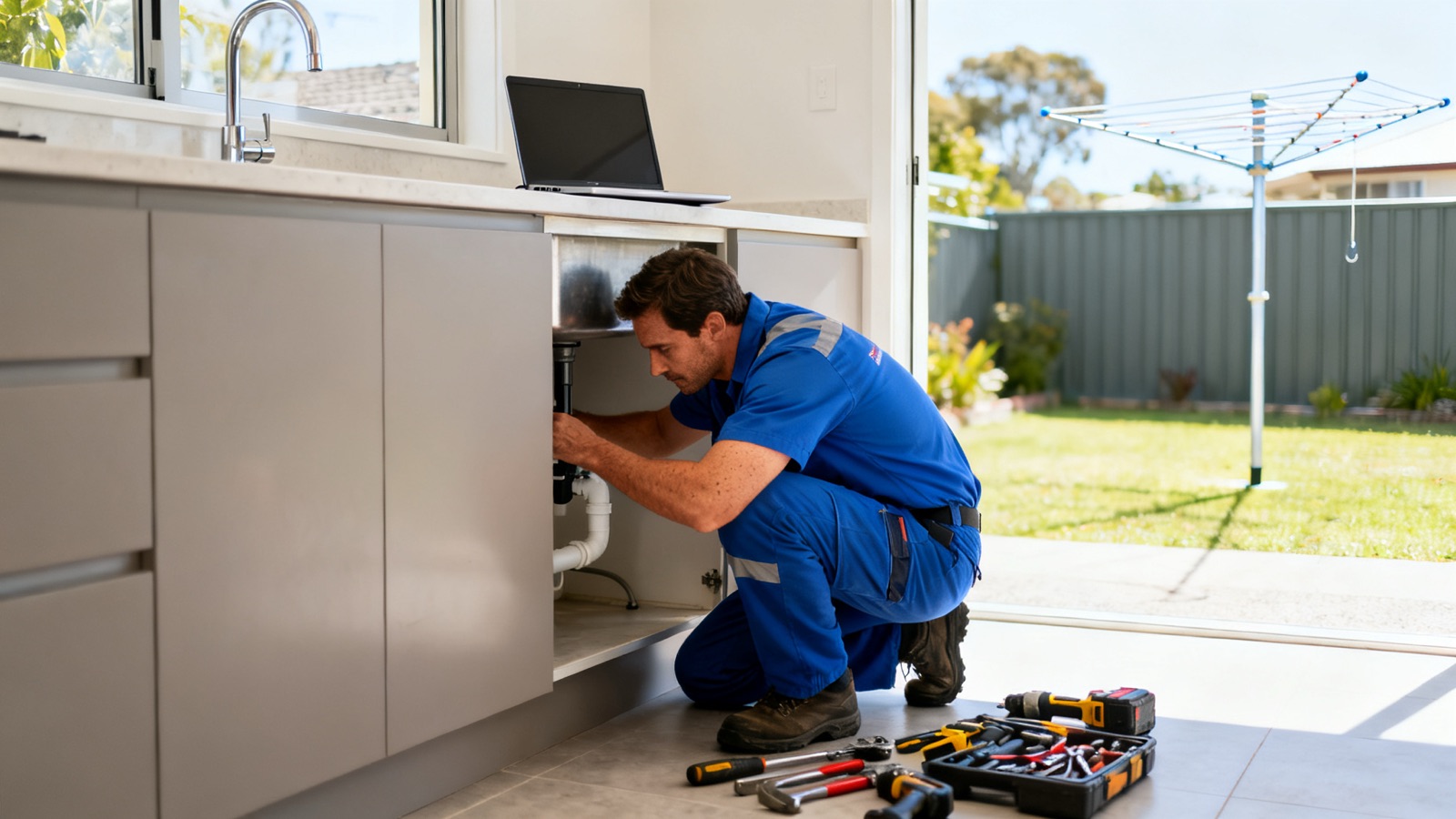 An Australian plumber working under a kitchen sink with tools on the floor