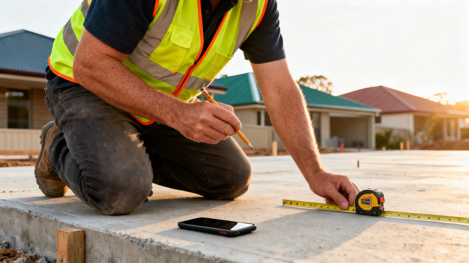An Australian tradesperson kneeling on a building site with a phone beside them