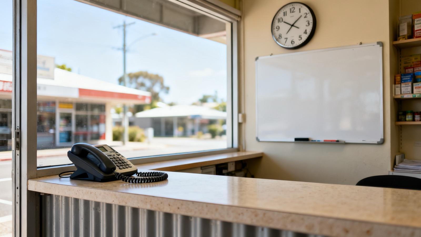 An empty front counter of a small Australian trade business with a desk phone