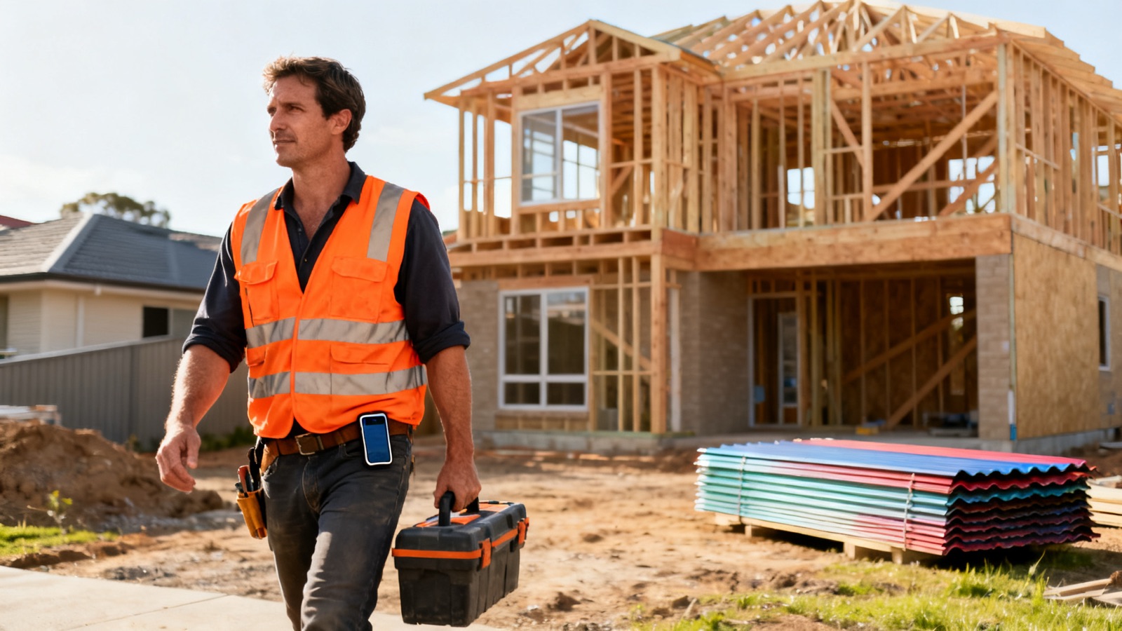 An Australian tradesperson walking across a building site with a phone on their belt