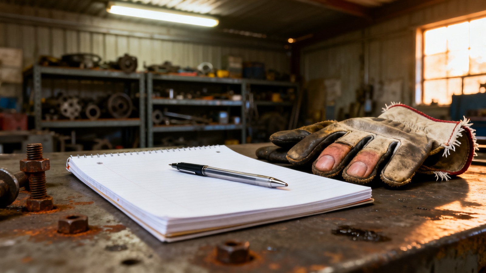 A notepad and pen on a workshop bench beside work gloves