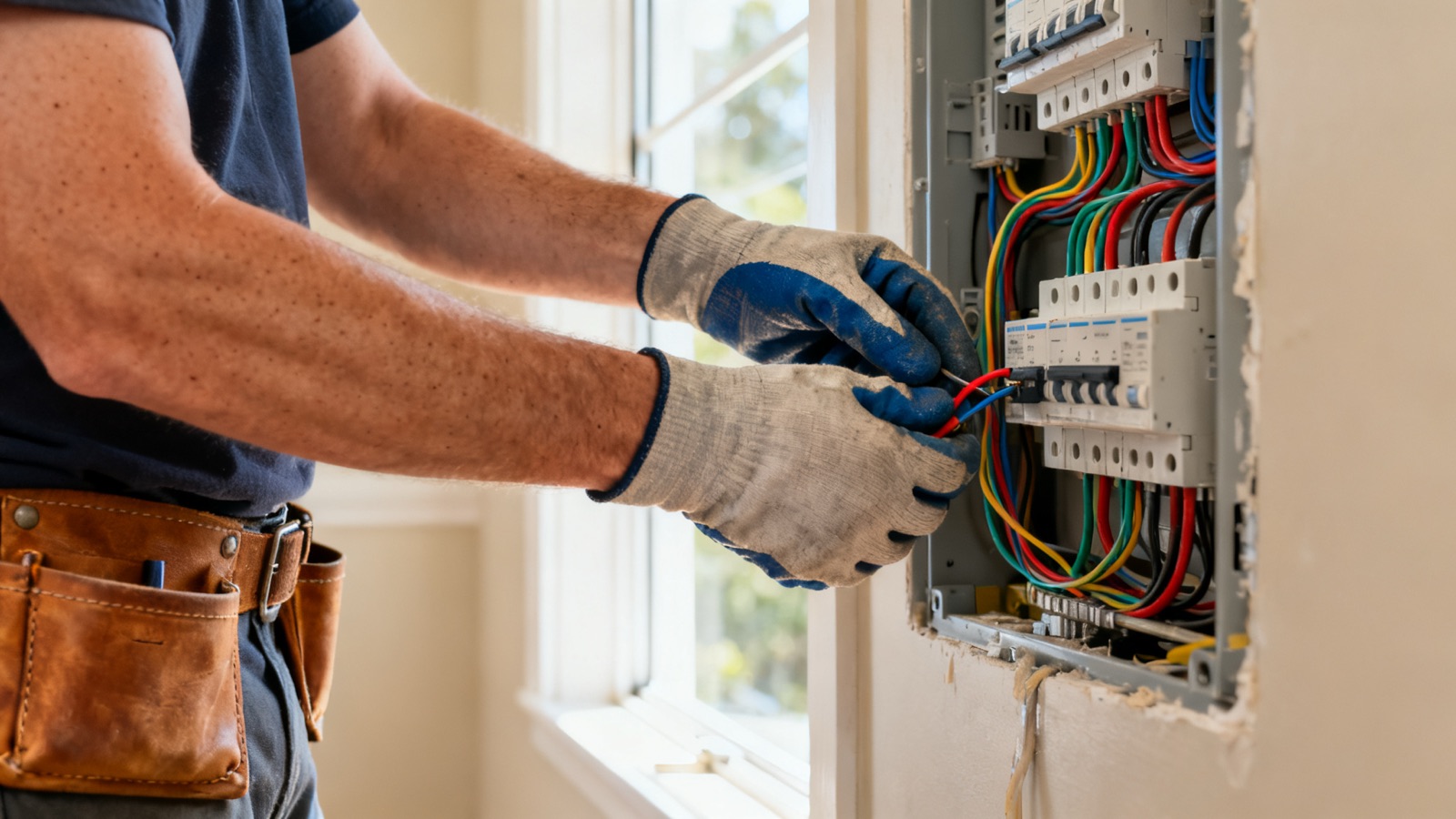 Electrician connecting wires in a residential switchboard