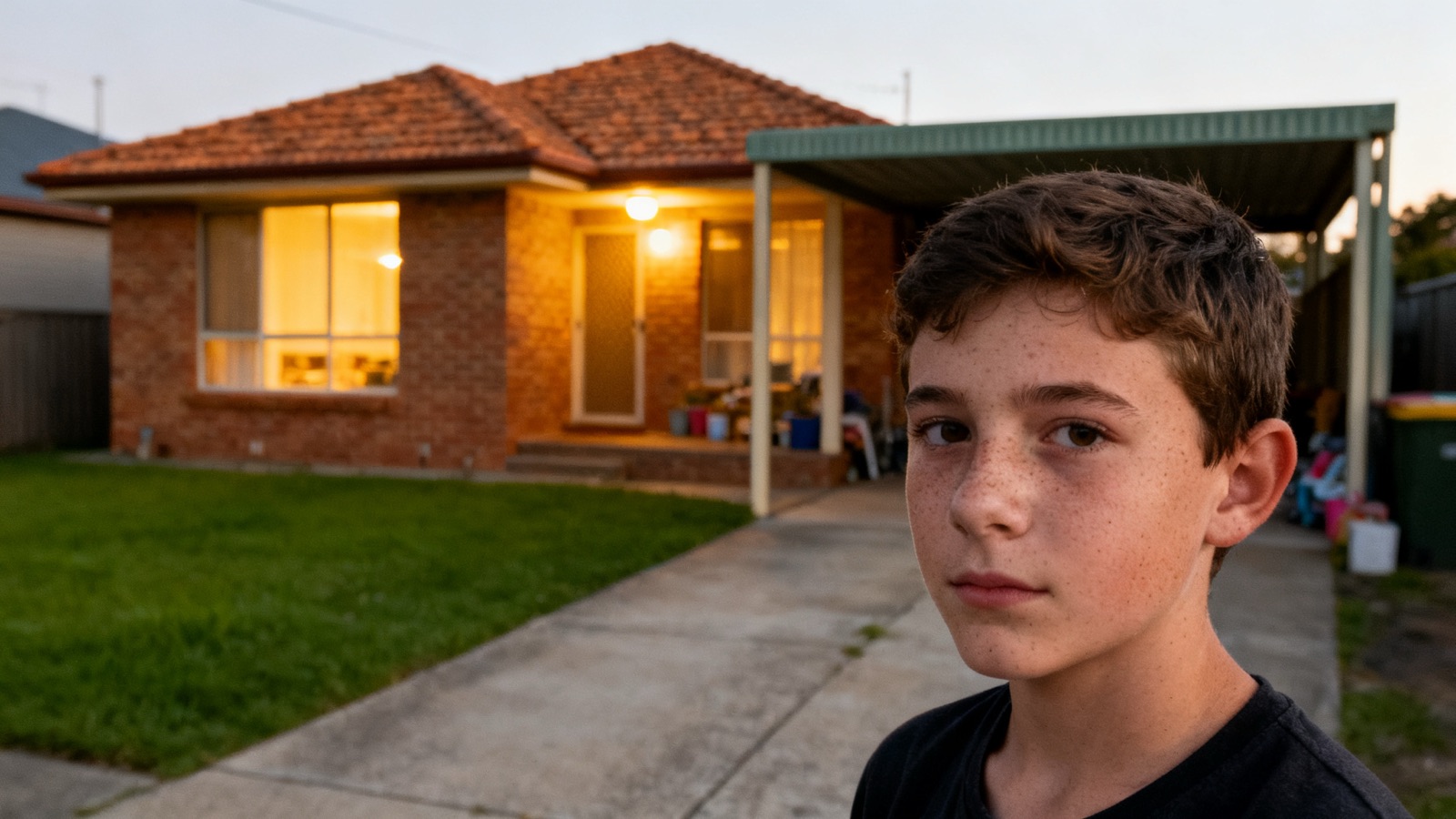 Australian suburban street at dusk with a trade ute in the driveway