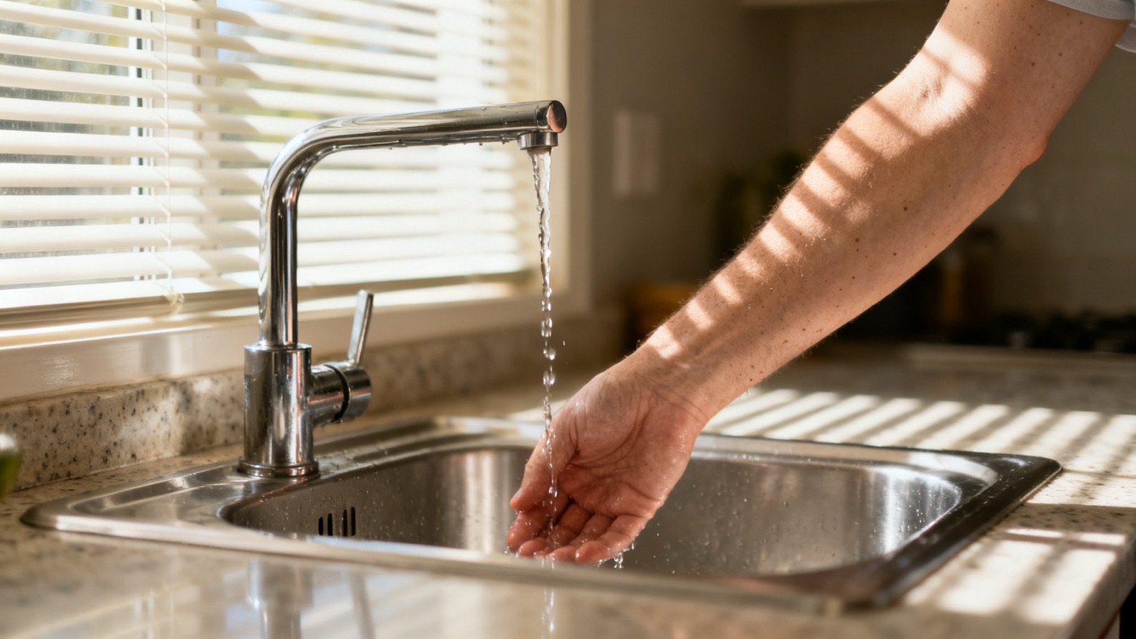 Kitchen tap dripping water into a stainless steel sink