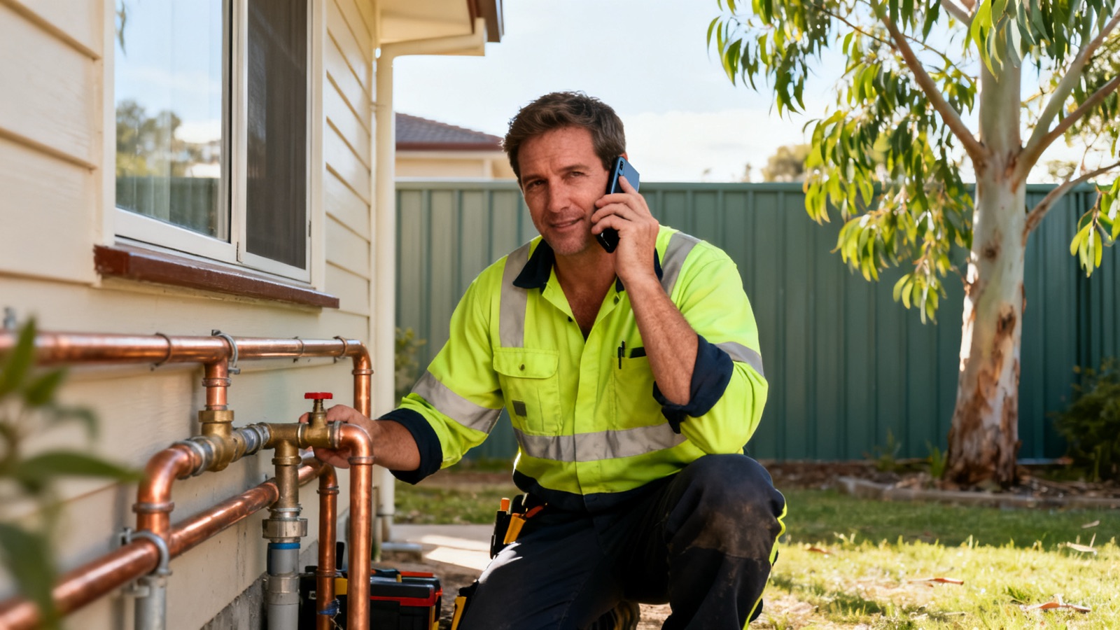 Australian plumber on a call beside copper pipes under a house
