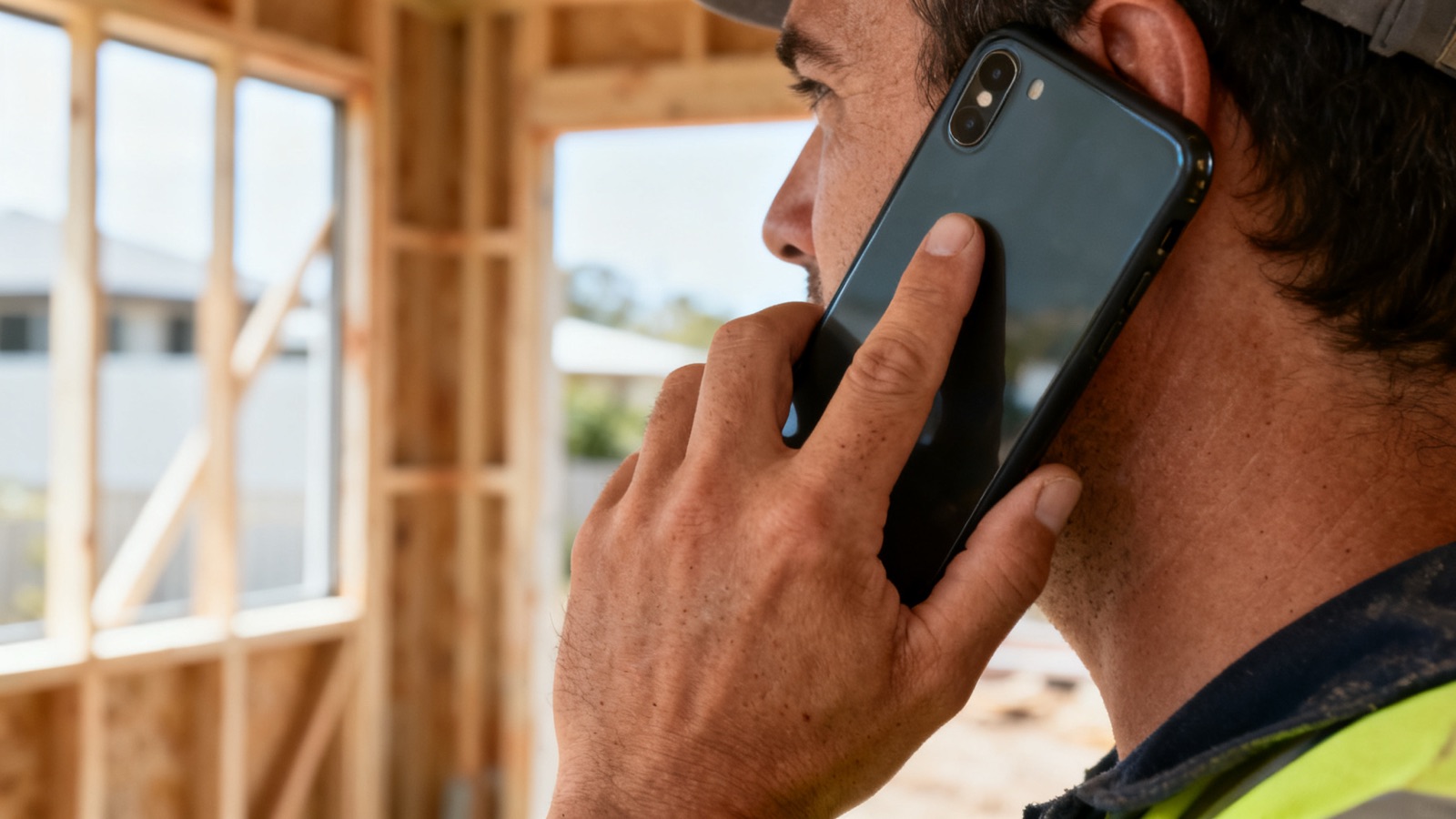 Tradesperson holding a phone to their ear on a residential building site