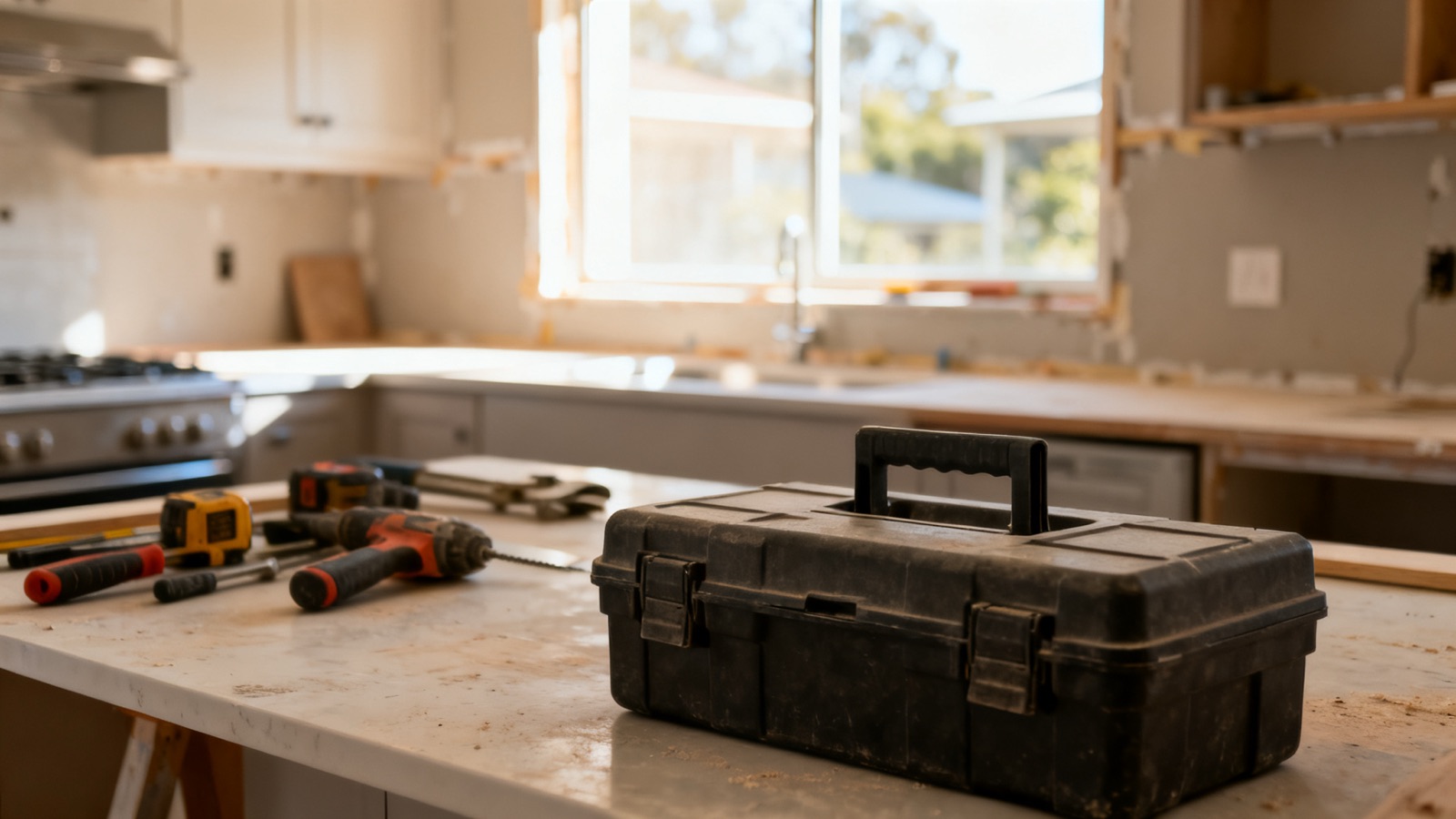 Australian kitchen renovation in progress with tools on the benchtop