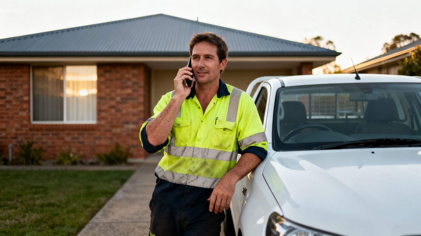 Australian tradie on a phone call beside a work ute in a suburban driveway