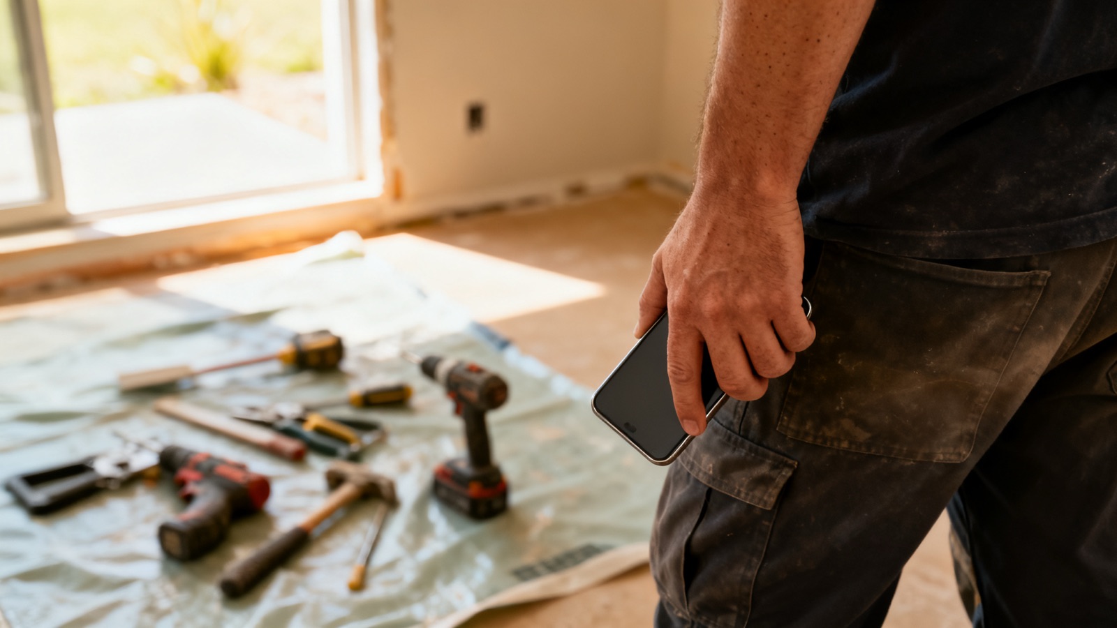 A tradesperson holding a smartphone on an Australian residential job site