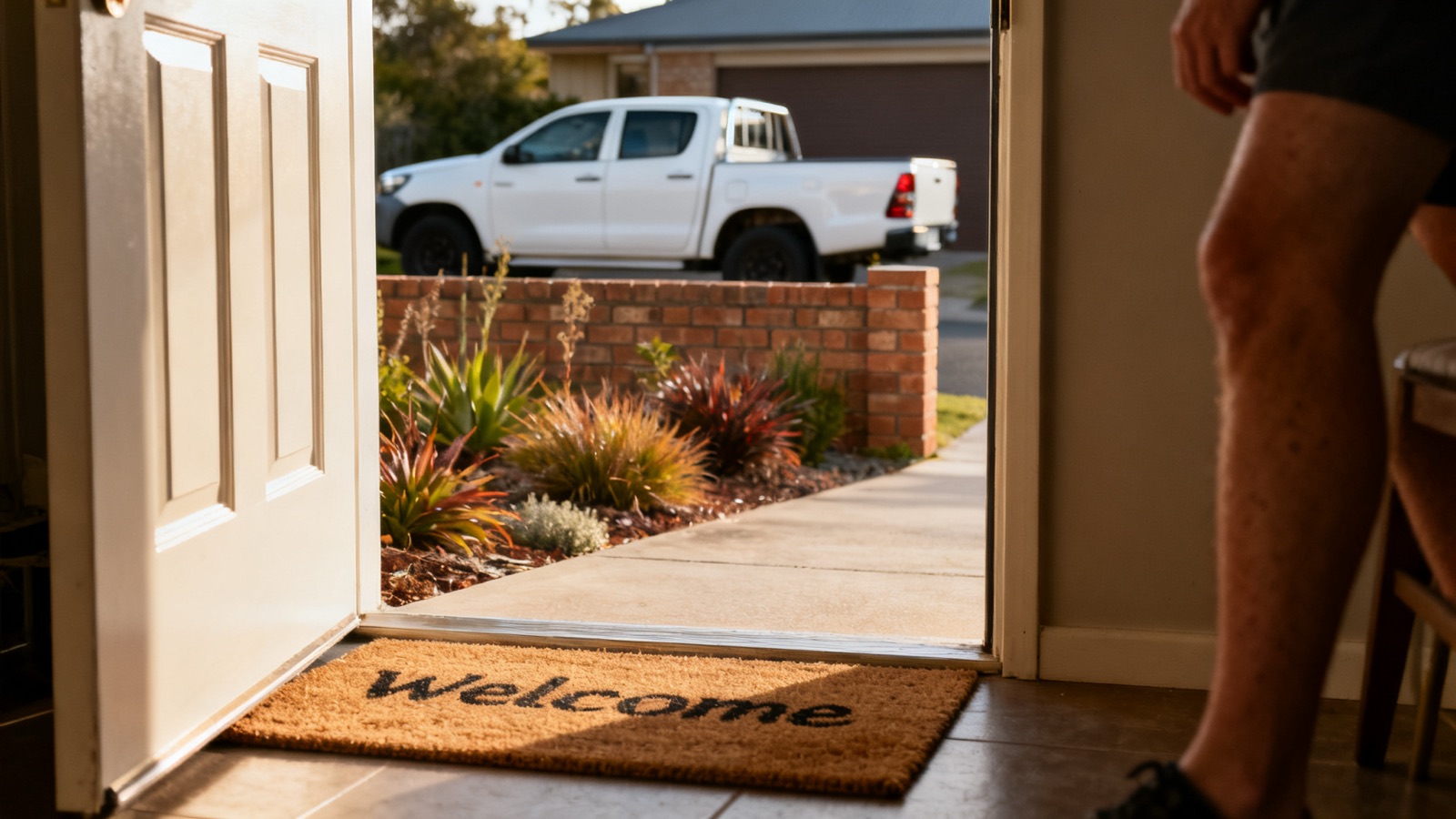 An Australian suburban front door with a trade ute in the driveway