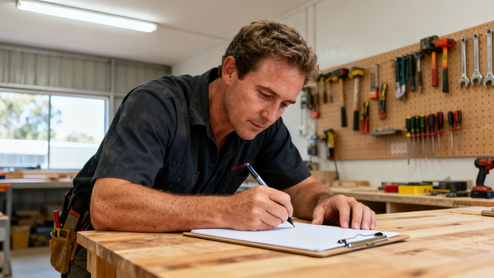 A tradesperson writing notes at a workshop bench