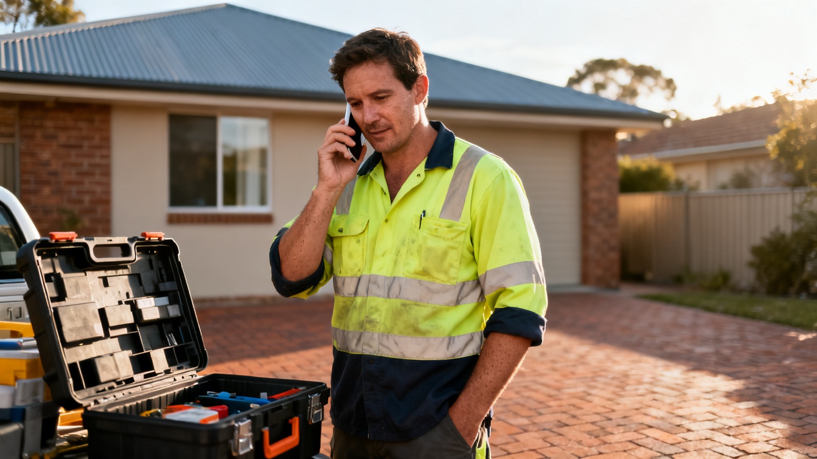 An Australian tradesperson on a suburban driveway checking their phone beside an open toolbox