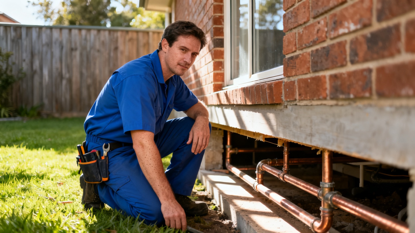 Australian plumber working under a suburban house