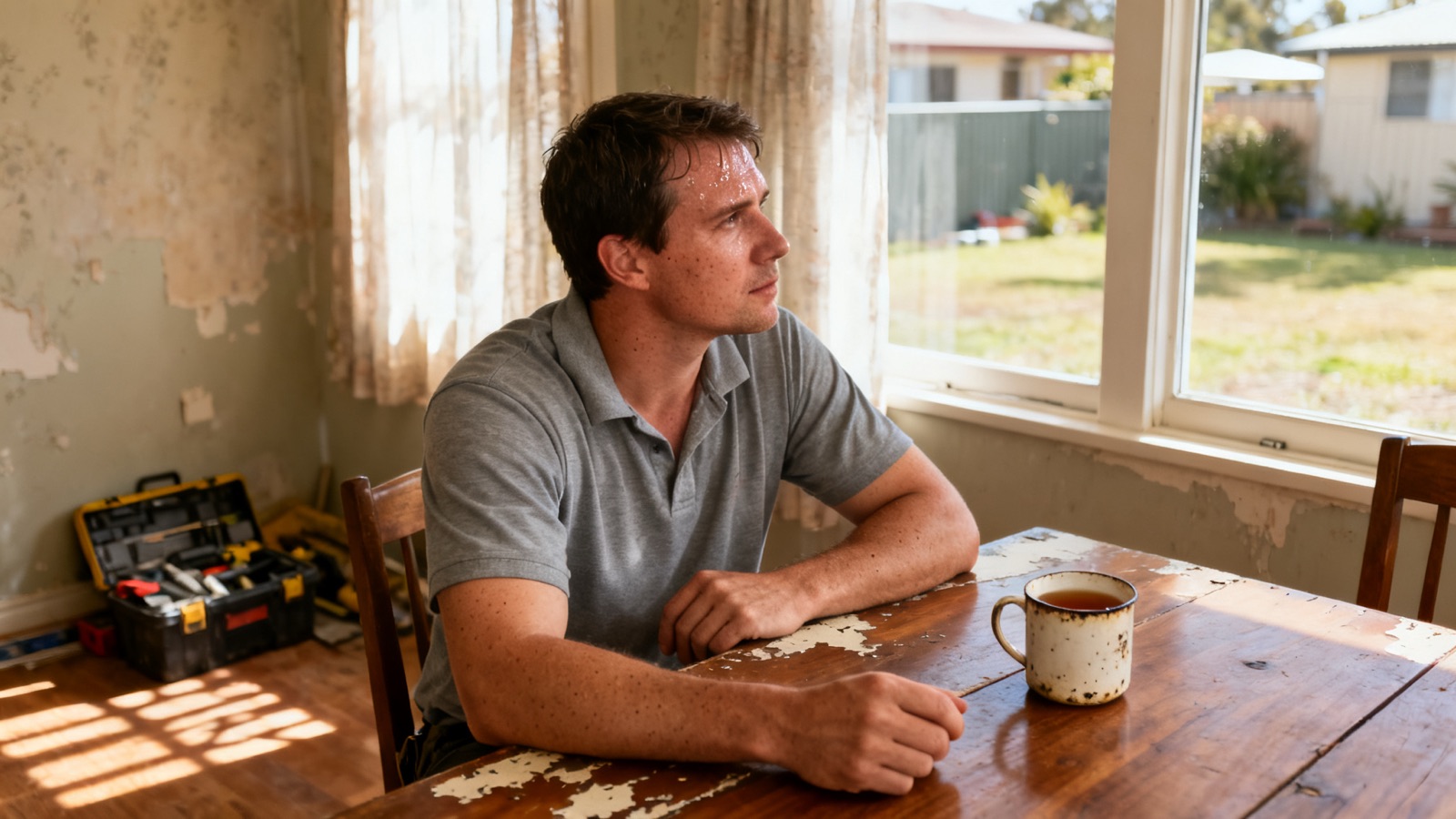 A tradesperson reviewing job documentation and photographs at a kitchen table
