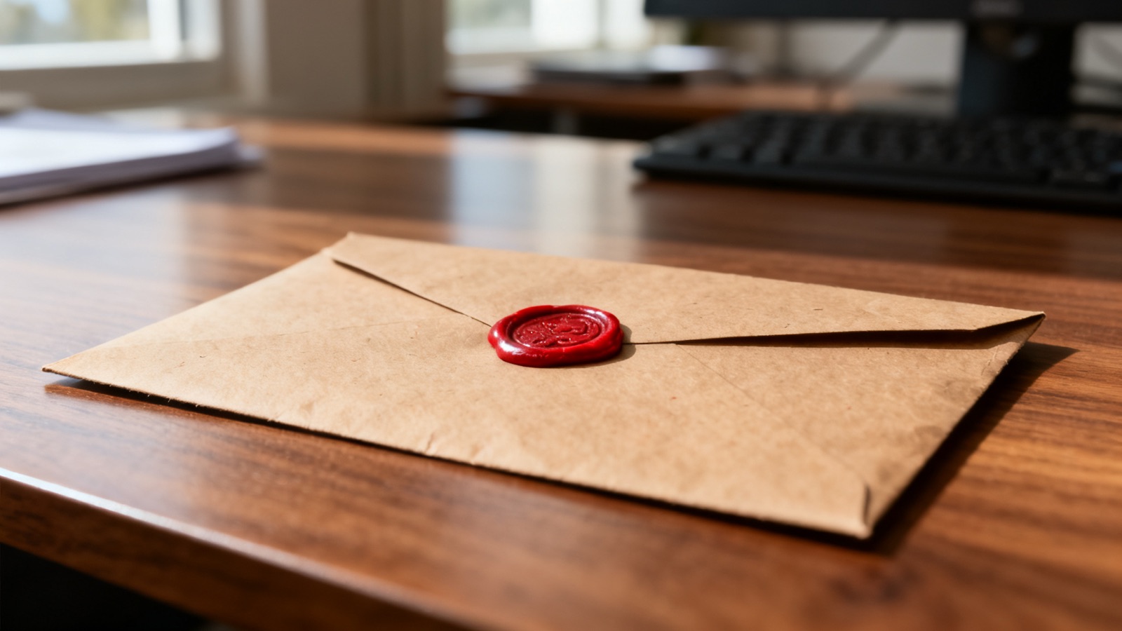 A sealed envelope on a timber desk