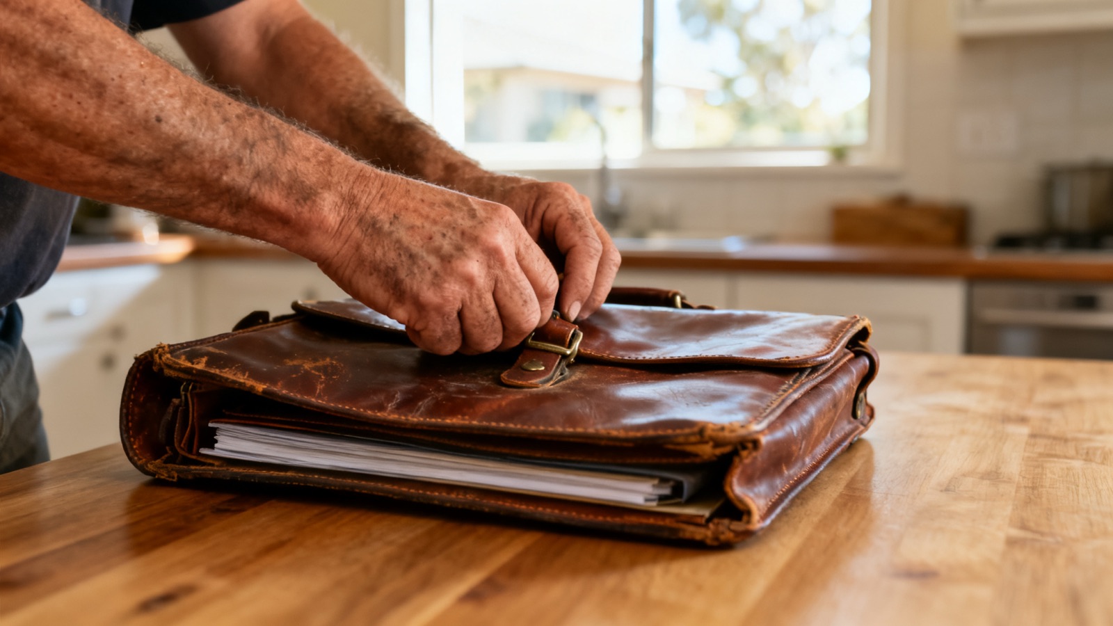An Australian tradesperson closing a leather document satchel on a kitchen table