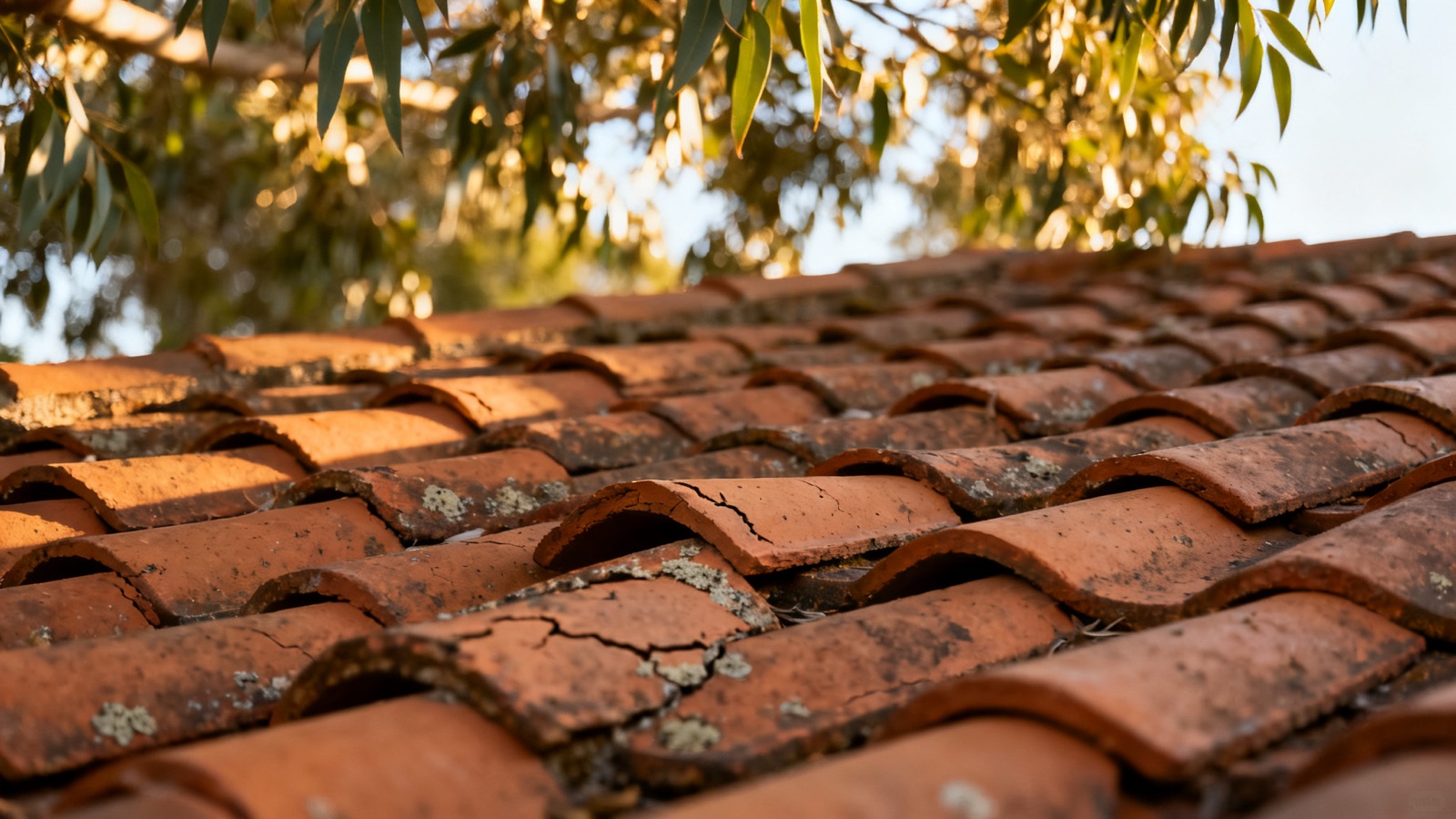 Terracotta roof tiles on an Australian suburban home with eucalyptus trees overhead