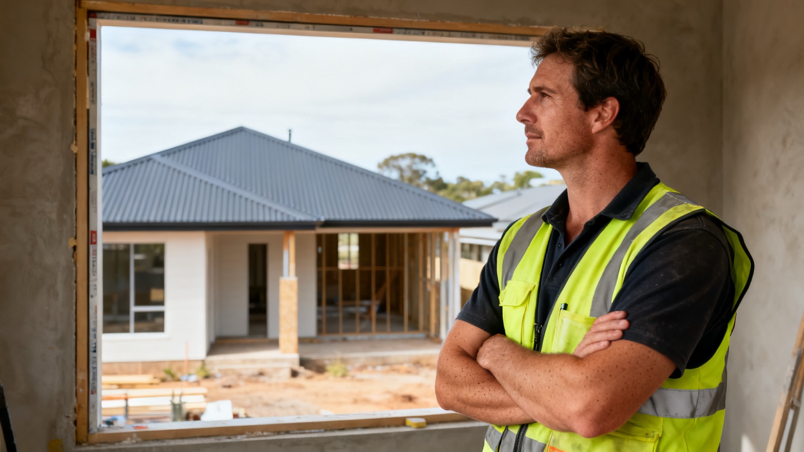 Tradie in high-vis vest on an Australian residential construction site