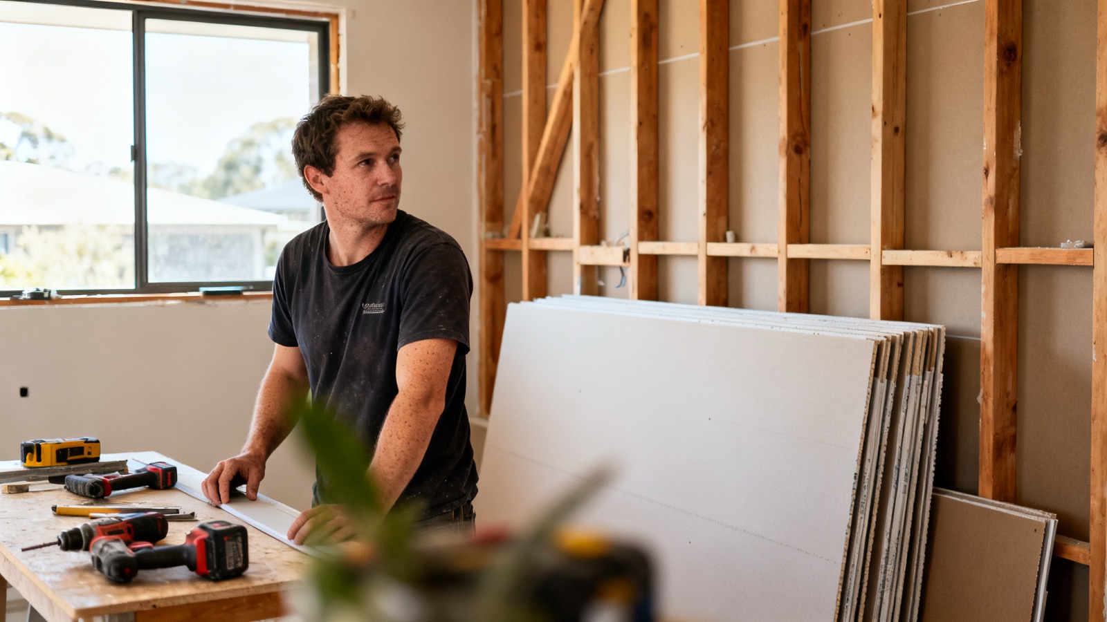 Kitchen renovation in progress with exposed timber framing and plasterboard