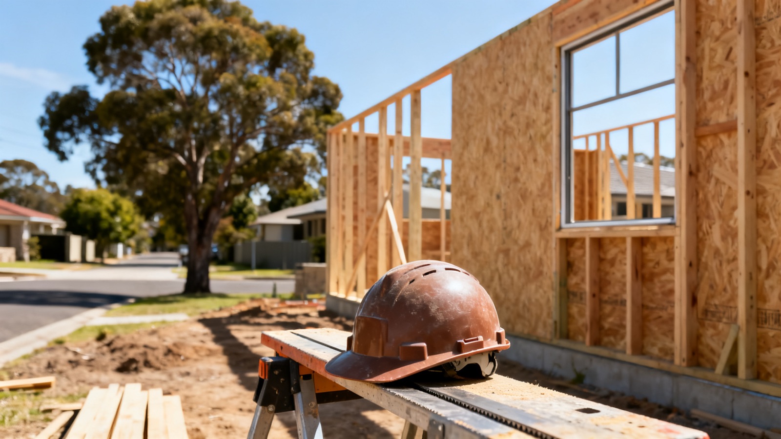Australian residential building site with timber wall framing and a hard hat on a sawhorse