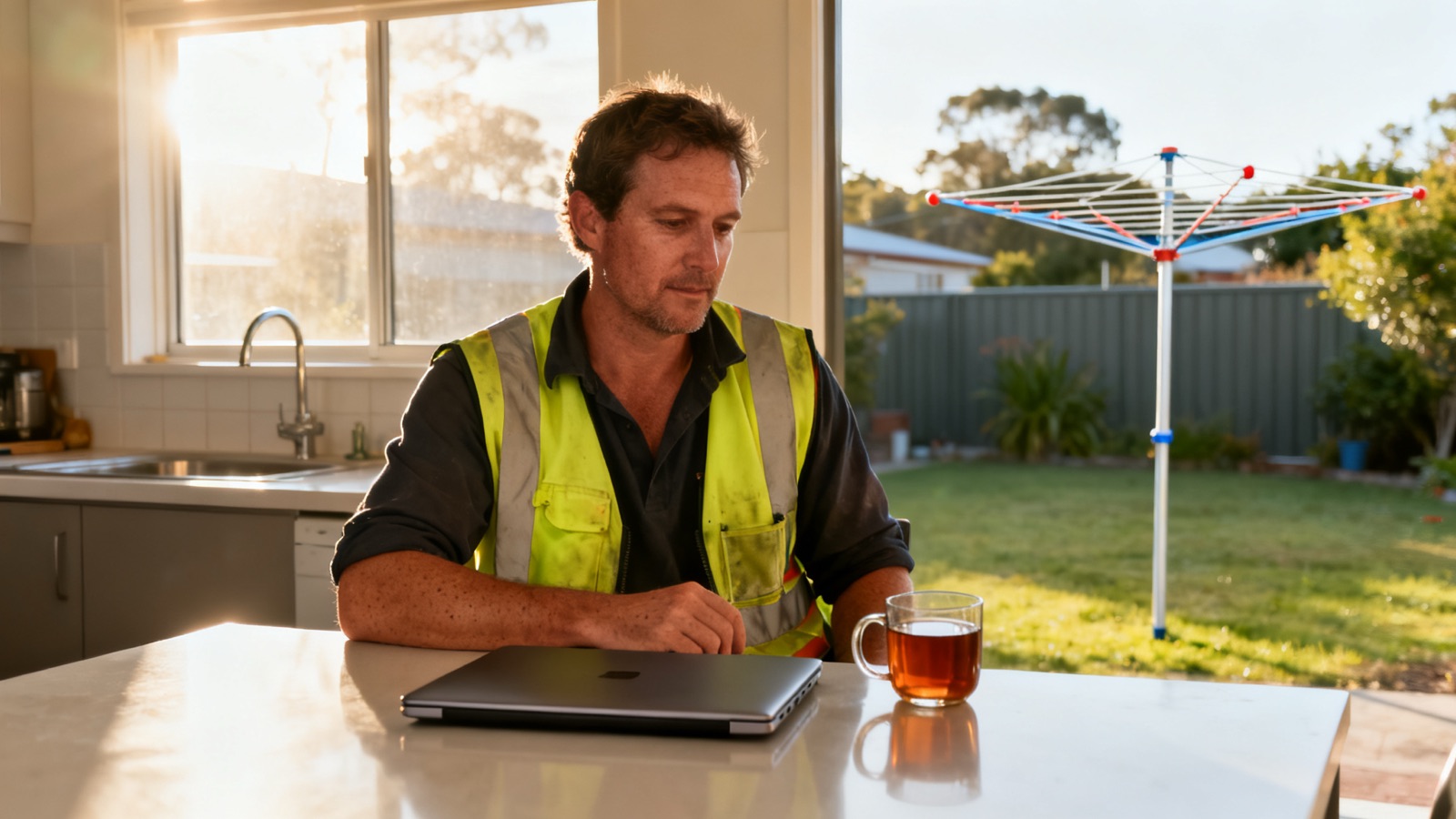 An Australian tradie planning marketing over a morning tea at the kitchen table