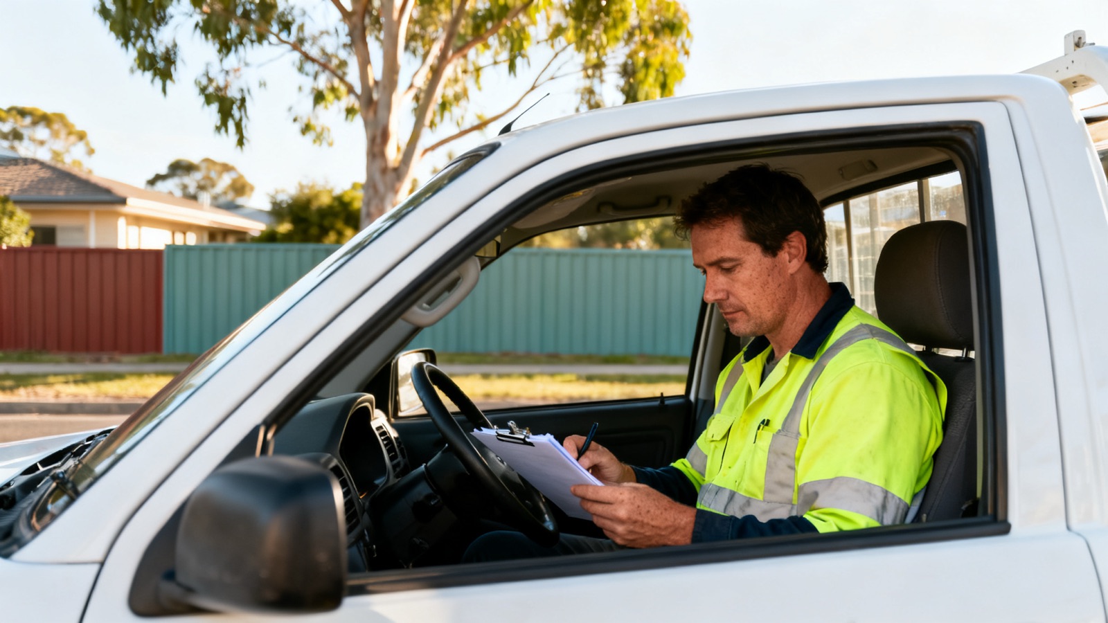 An Australian tradesperson in hi-vis sitting in the cab of a white ute reviewing an invoice on a clipboard, suburban street with Colorbond fences in the background