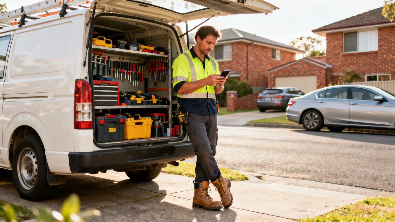An Australian tradesperson in steel-cap boots and hi-vis standing beside an open van full of neatly arranged tools, checking a smartphone in bright morning light