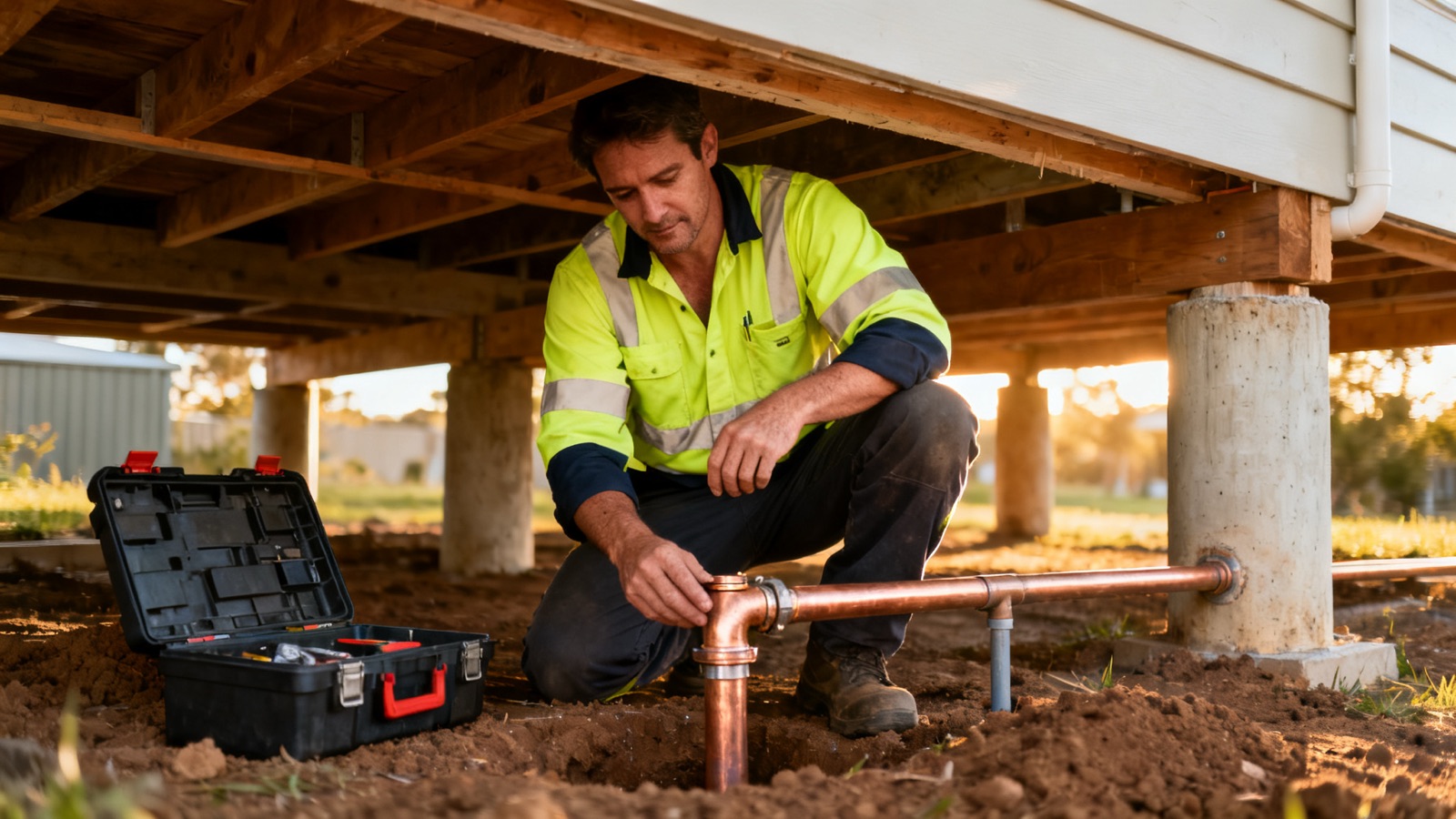 An Australian plumber working under a house on stumps with an open toolbox