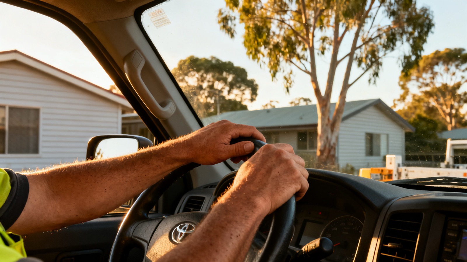 A tradesperson's hands on the steering wheel of a work ute in an Australian suburb