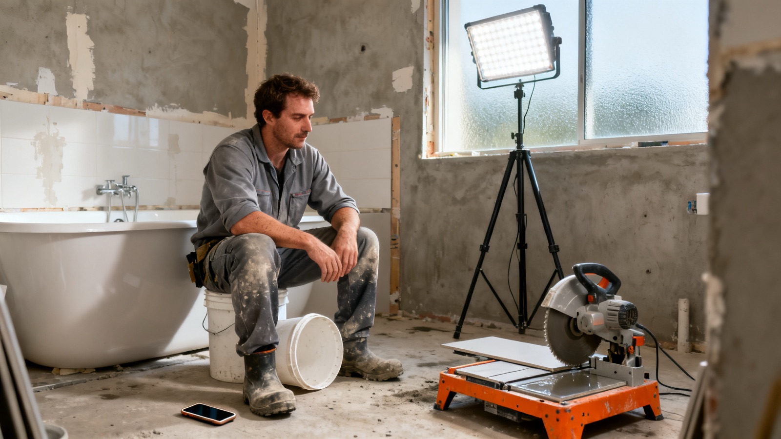 A tiler taking a break at a bathroom renovation with tiles and tools around them