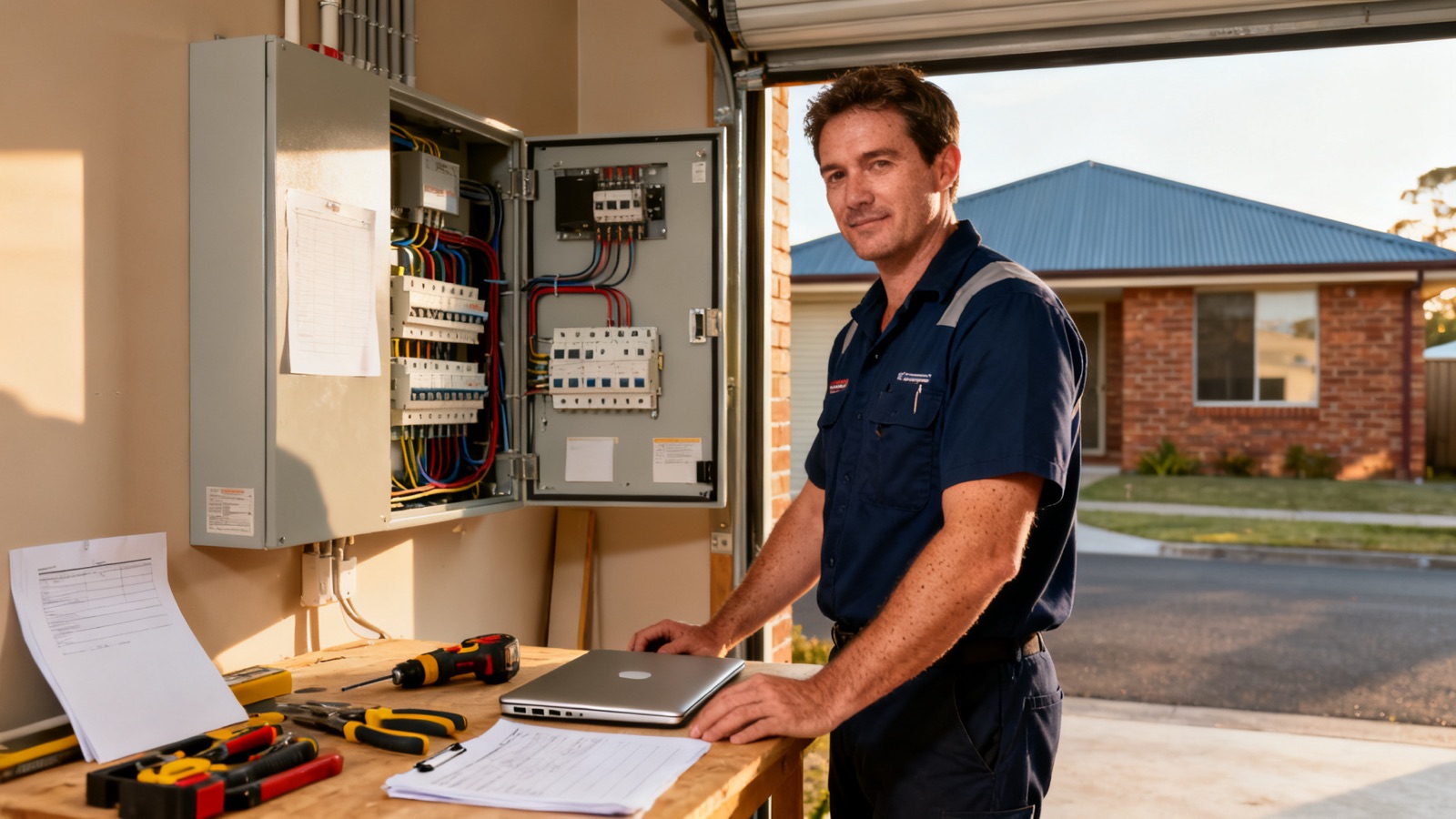 An Australian electrician at a residential job site with tools and paperwork on a workbench