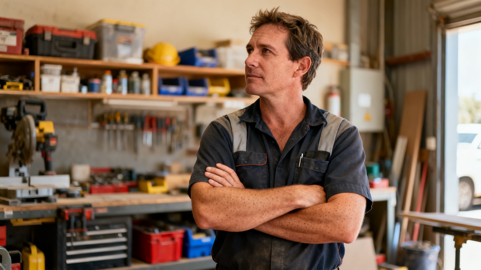 An Australian tradie standing thoughtfully in an organised workshop