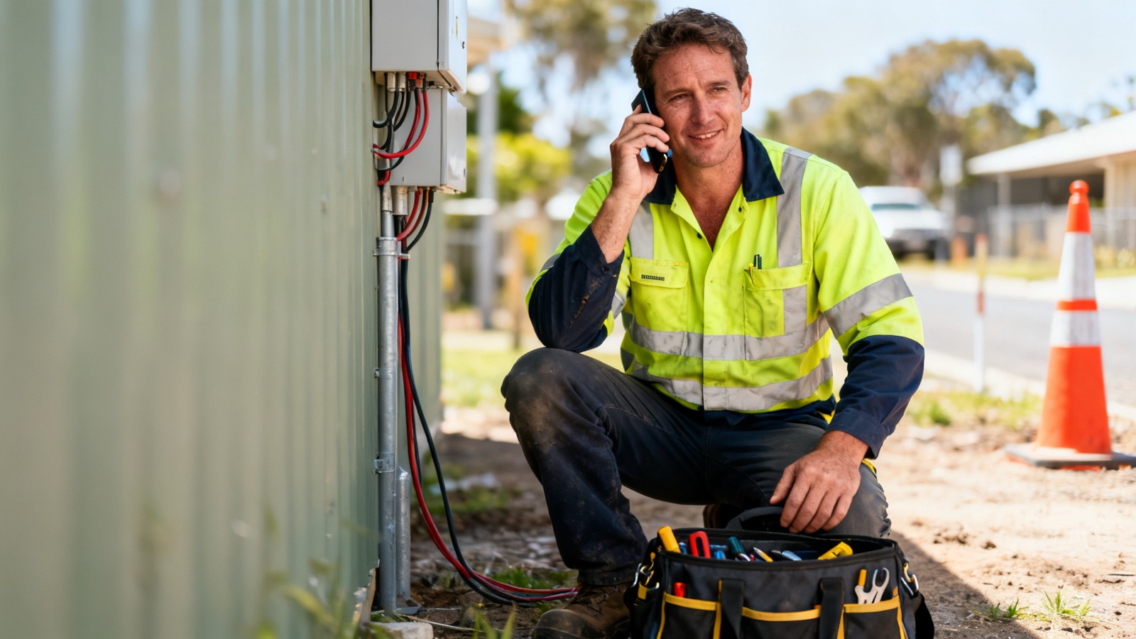 An electrician in hi-vis taking a phone call on a job site