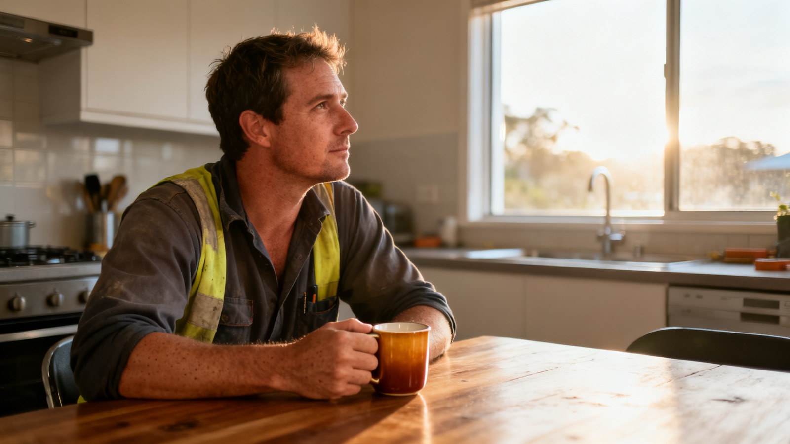 An Australian tradesperson at the kitchen table with a coffee, thinking