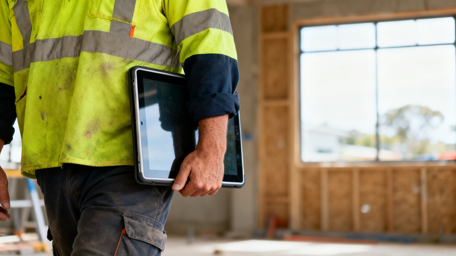 Construction worker in hi-vis using a tablet on a site