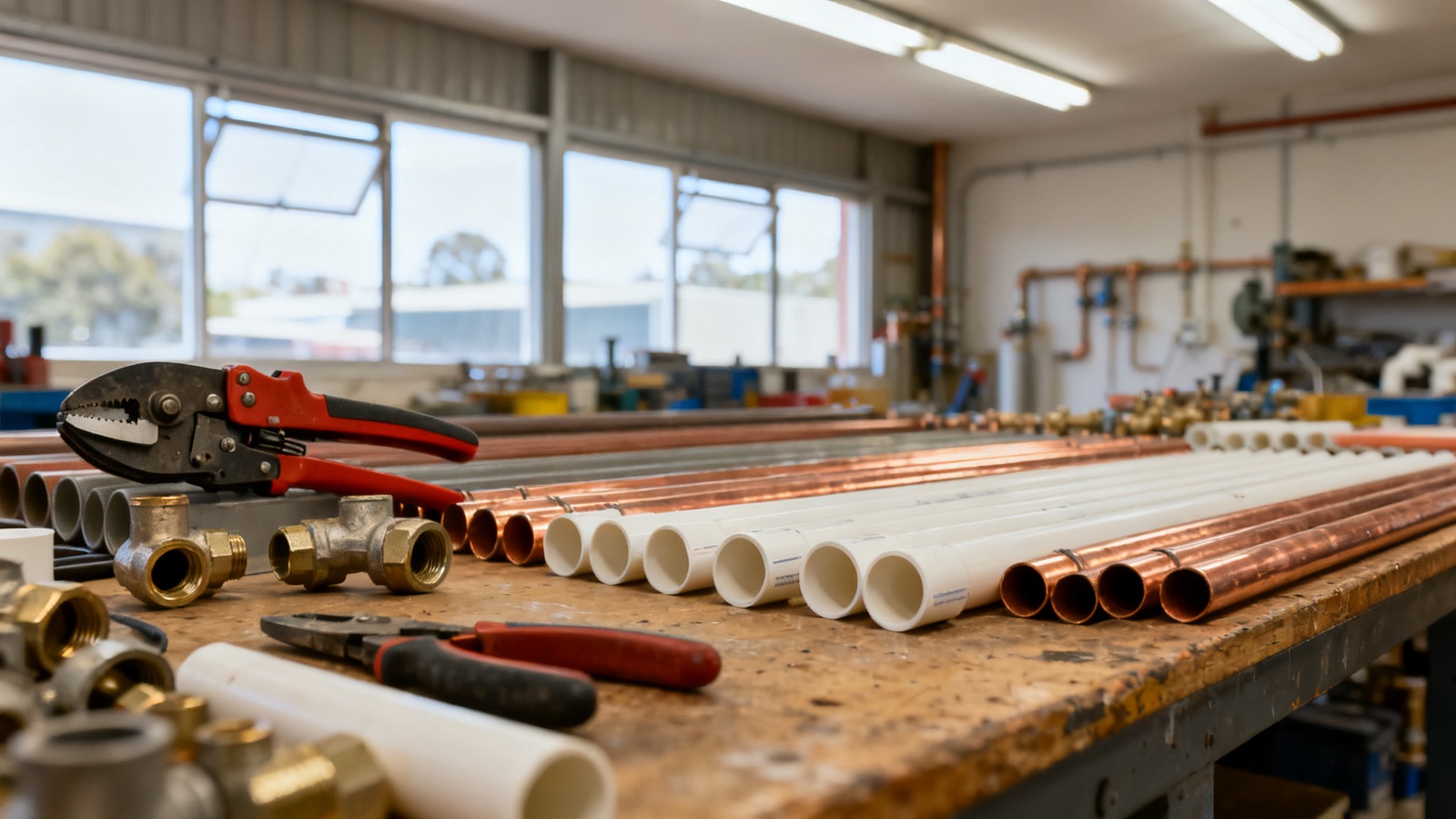 Plumbing fittings and tools arranged on a workshop bench