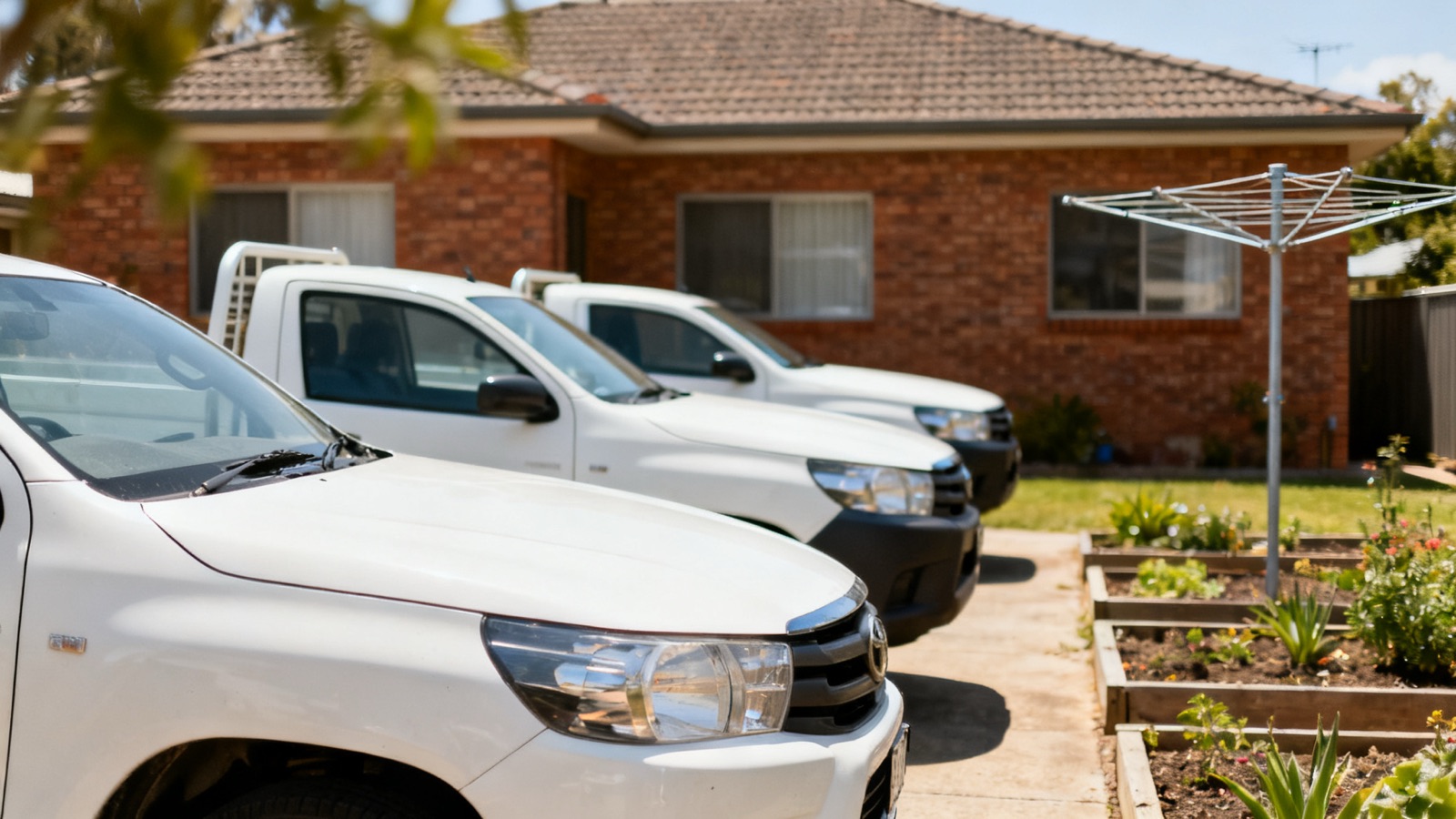 White trade utes parked in an Australian suburban street ready for the day's jobs