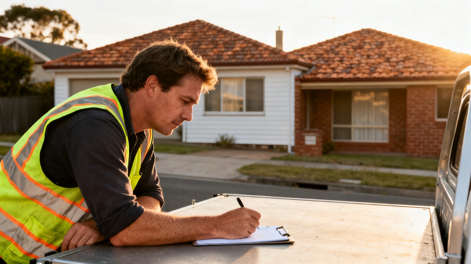 A tradesperson reviewing the day's job list beside a ute in an Australian suburb