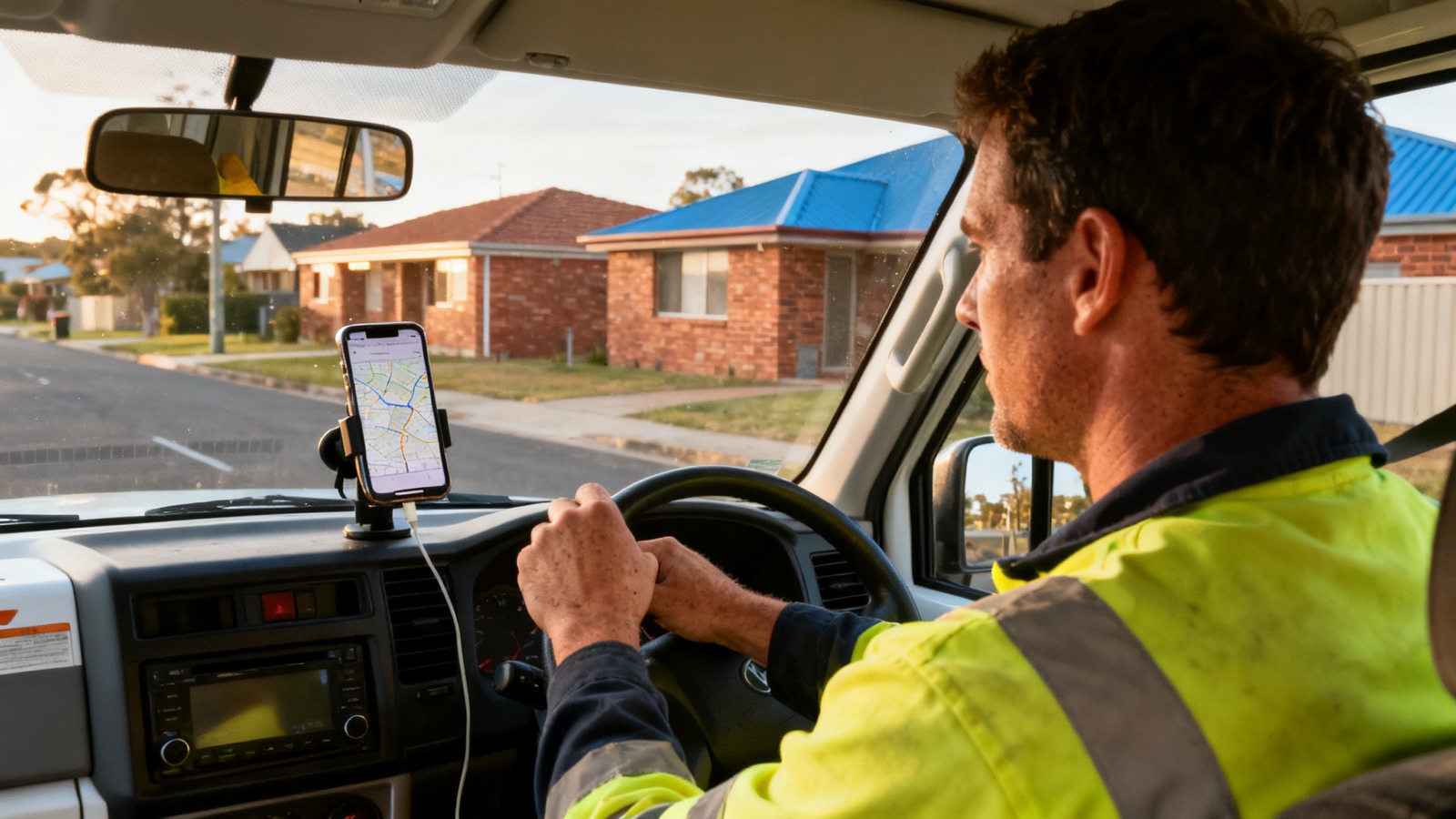 An Australian tradie in hi-vis sitting in a ute cab with a phone on the dashboard mount showing a map route, suburban brick houses with Colorbond roofs visible through the windscreen
