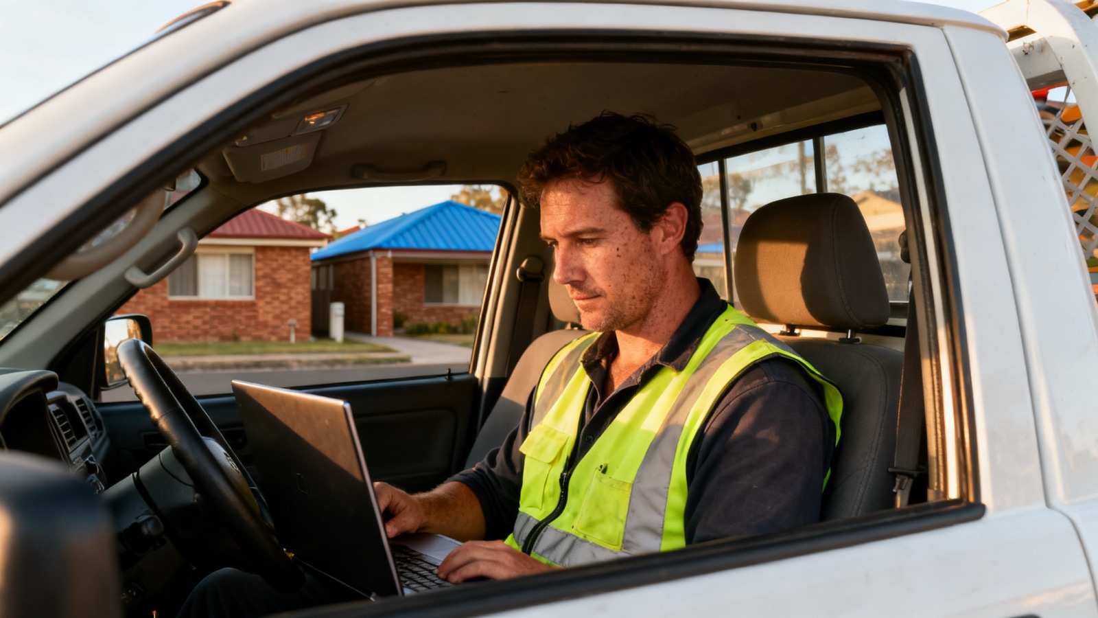 An Australian tradesperson sitting in a plain white ute with a closed laptop on the passenger seat, suburban street behind them