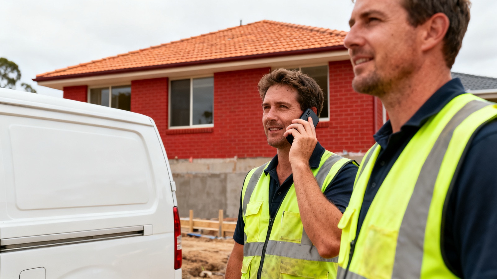 Two tradespeople in high-vis beside a plain white van on an Australian building site, one on the phone